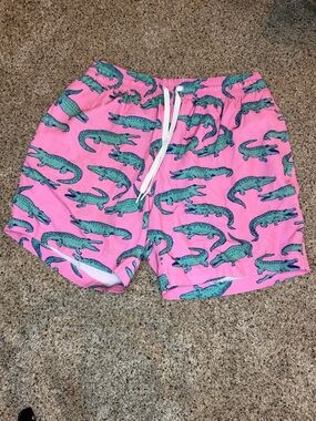 Chubbies Pink Swim Trunks with Teal Alligator Print